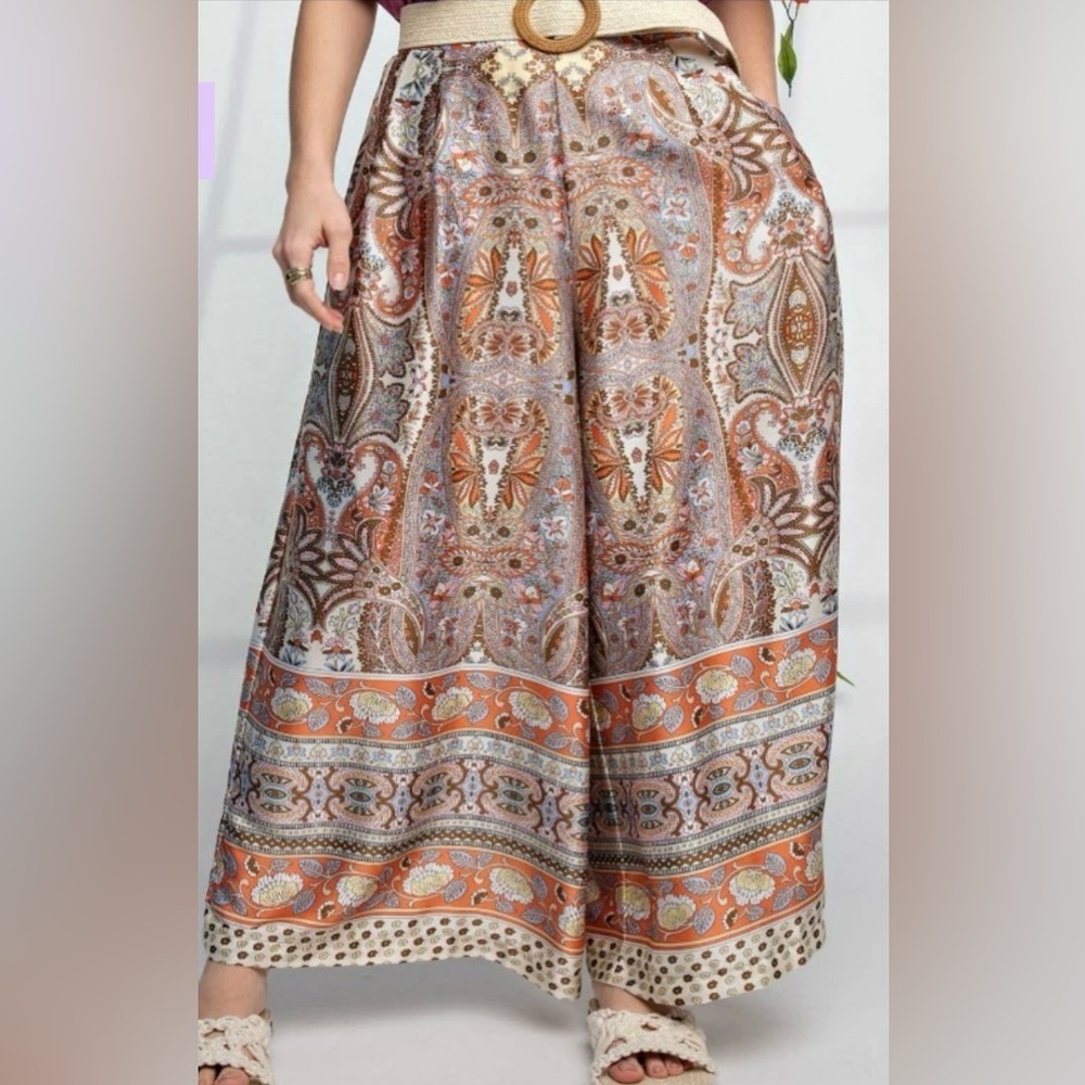 Wide Leg Paisley Print Palazzo Pants in Rust and Cream